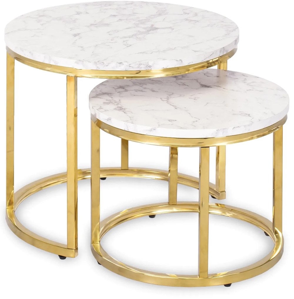 Zestaw Stolików Kawowych OLIS 43 cm/53 cm Biały Marmur Złoty do Salonu Glamour