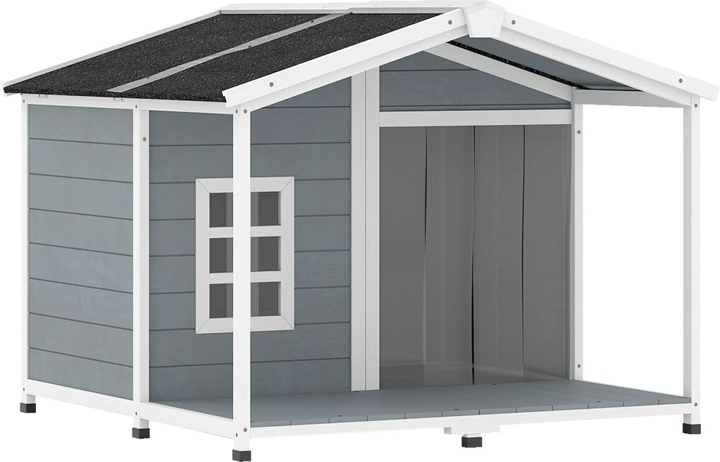 PawHut Buda dla psa wodoodporna z drewna, podwyższona podstawa, dach bitumiczny, taras, dla średnich psów 103x107x83,5 cm, szara | Aosom PL