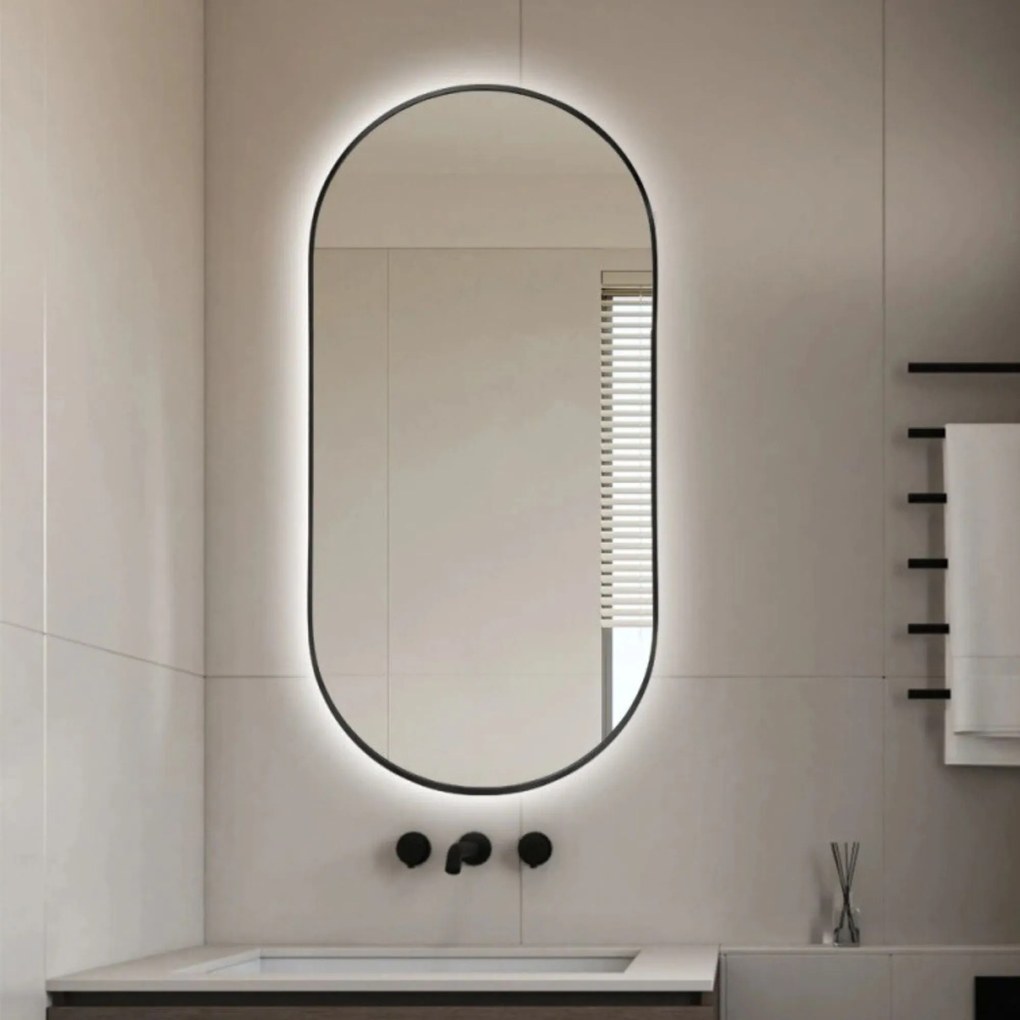 Lustro owalne podświetlane symetryczne czarna rama 40 x 100 cm PLATAN LED