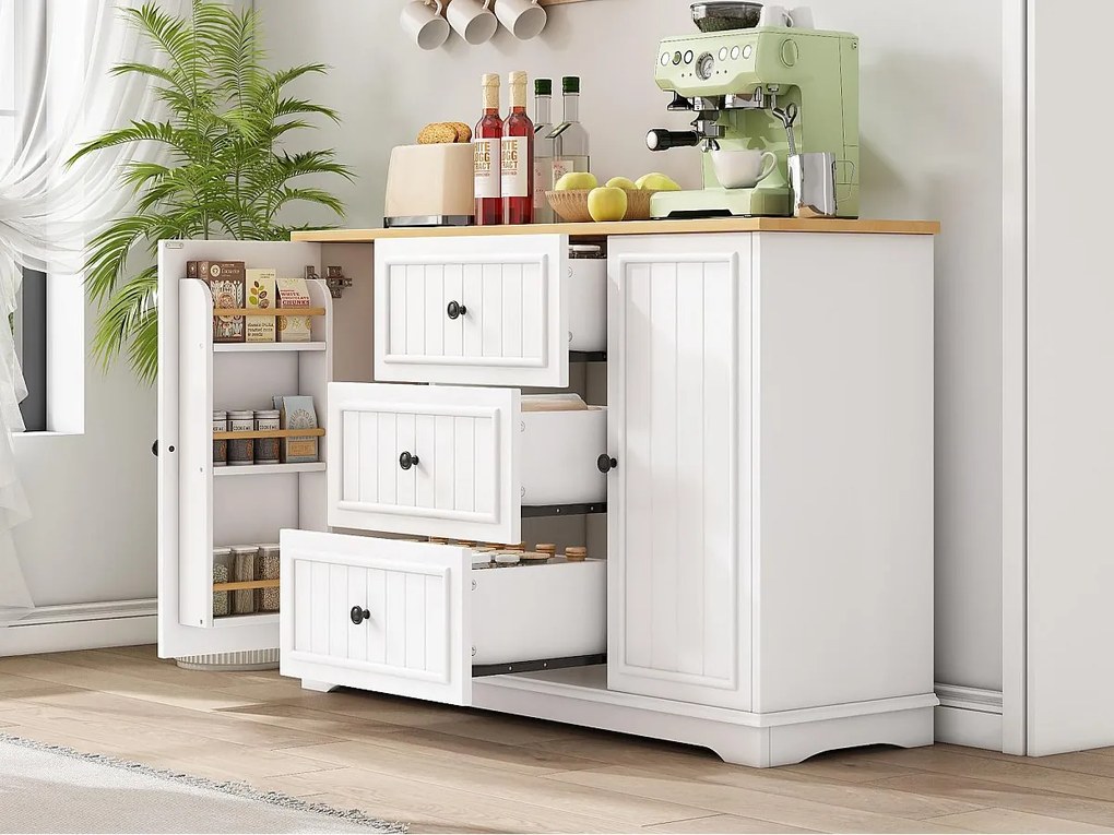 Nowoczesny kredens 126x40x86cm - z szufladami i półką na przyprawy - z 2 drzwiami - Naturalny + Biały