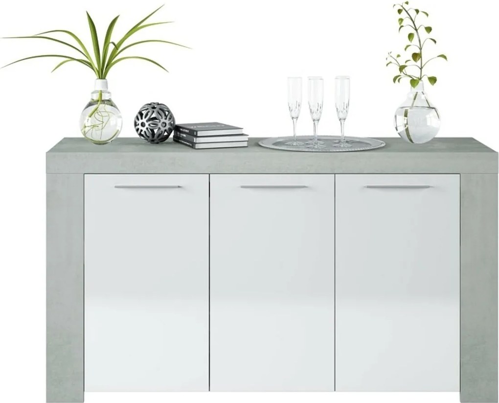 Bufet WENDY 3 drzwi L144cm - Biały i beton, Nowoczesny design, Przestronne przechowywanie