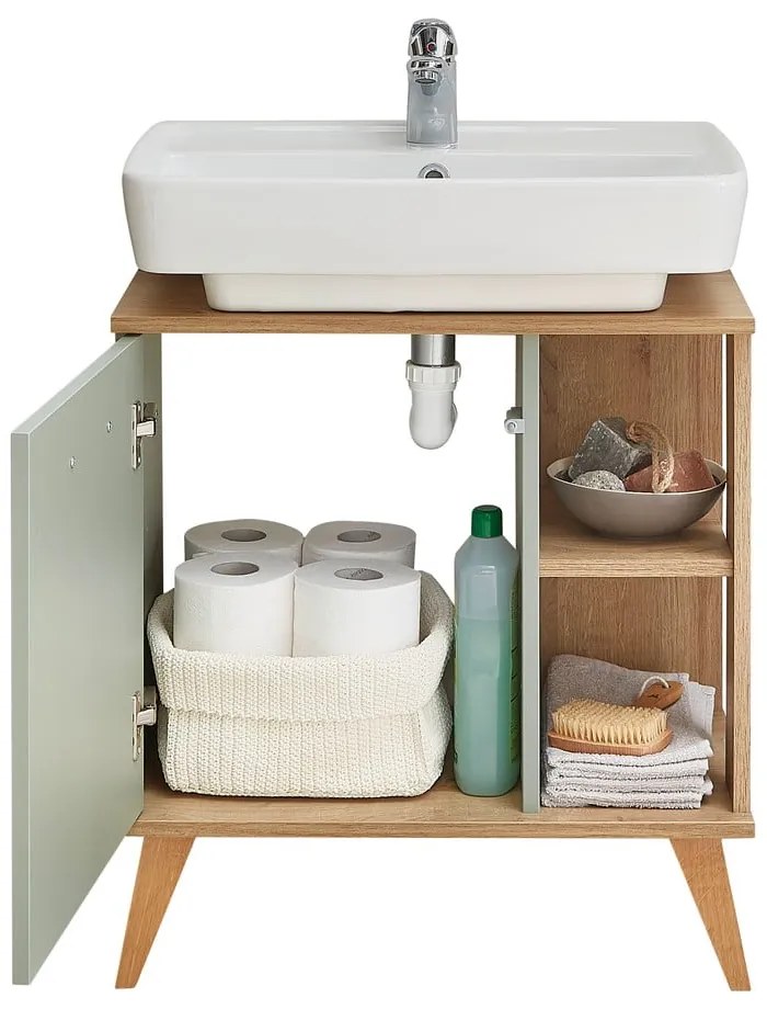 Zielona szafka pod umywalkę bez baterii w dekorze dębu 61x65 cm Set 963 – Pelipal