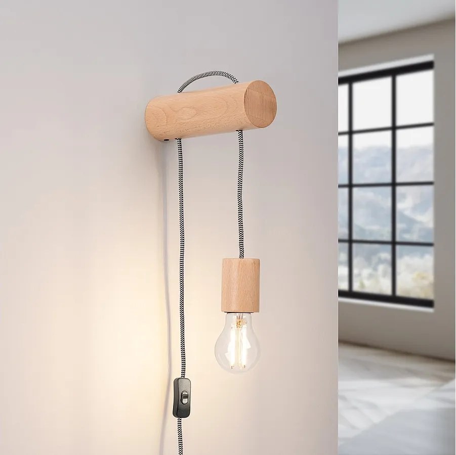 Lampa ścienna loft Zynto, drewno - 1 źródło światła 3000K - L.6 x H.55 cm - naturalne drewno/biały/czarny