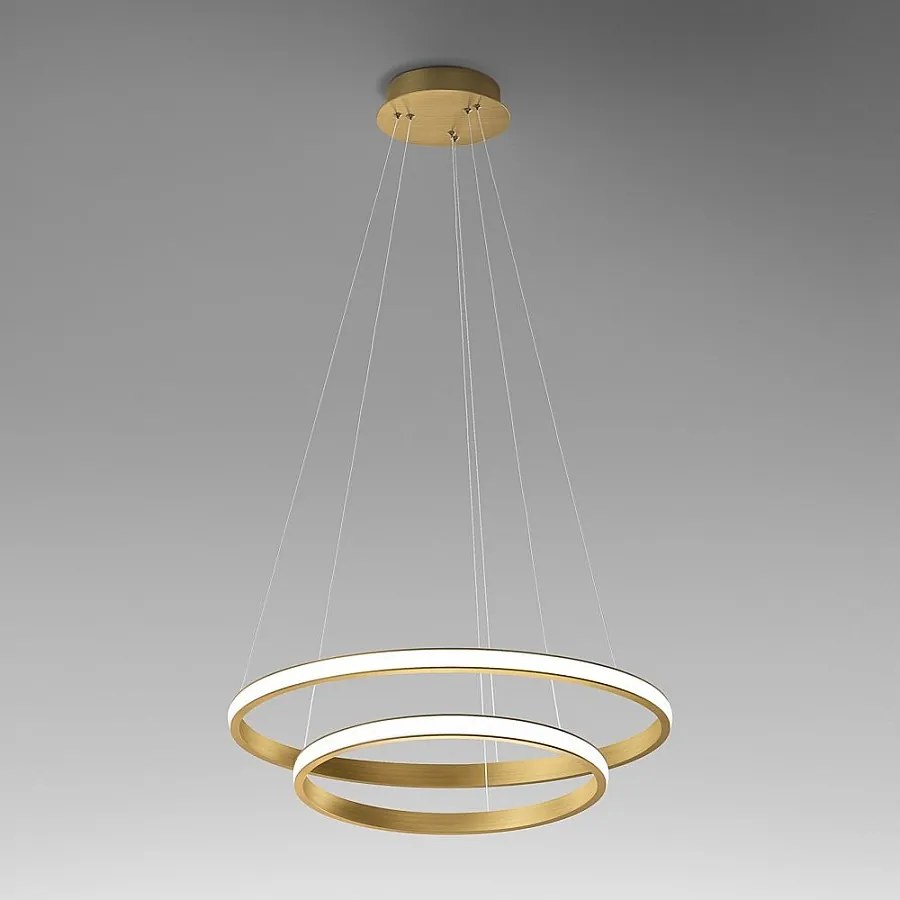 Żyrandol LED Iole S2 40W ściemnialny, nowoczesna lampa wisząca z podwójnym pierścieniem, szczotkowane złoto, ciepłe światło 3000K, 2000 lm