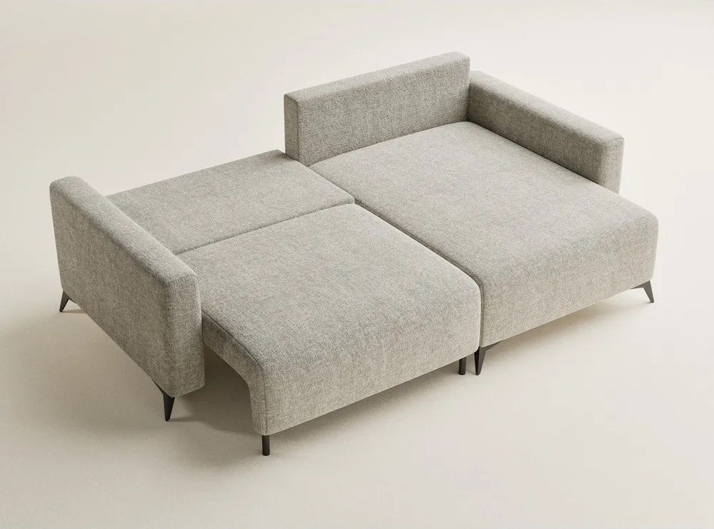 Beżowy rozkładany/ze schowkiem narożnik z tkaniny szenilowej (prawostronny/z szezlongiem) Leon – Maison de Rêve