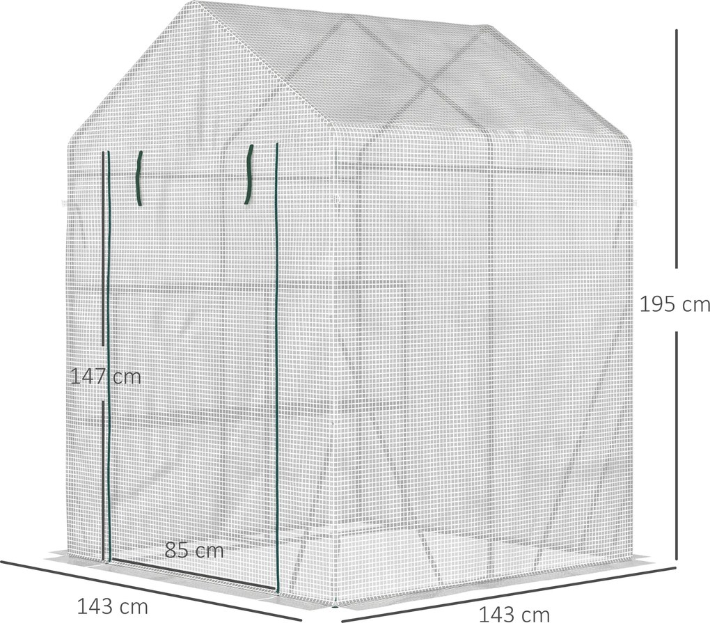 Outsunny Szklarnia Foliowa Inspektowa z Drzwiami na Zamek Błyskawiczny Stal i Tworzywo Sztuczne PE 143x143x195cm Biały | Aosom PL
