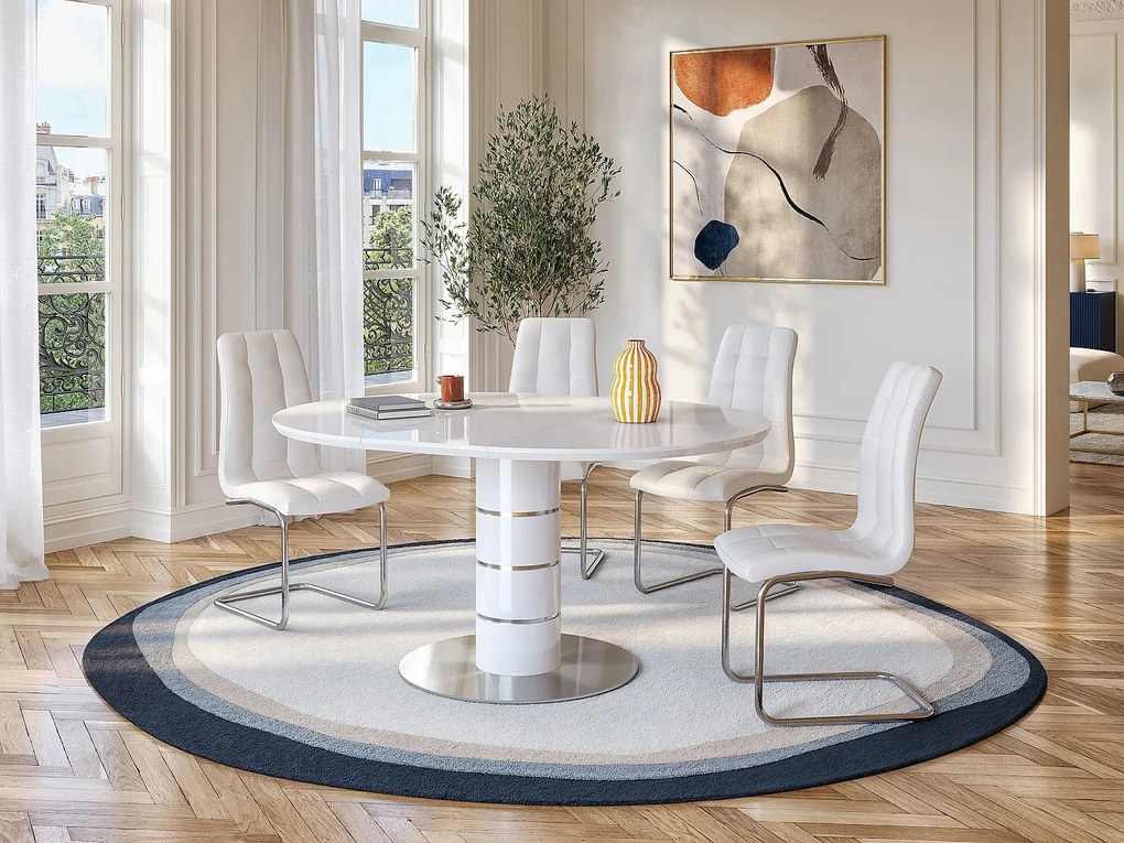 Rozkładany stół jadalniany – 4-6-osobowy – MDF i metal nierdzewny – kolor biały lakierowany – CUSCO