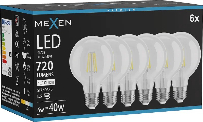 Mexen Vintis 6x żarówka filament LED E27, G80, 6W, Neutralna - 4000K, 720 lm, clear - L155-E27-0640-00x06