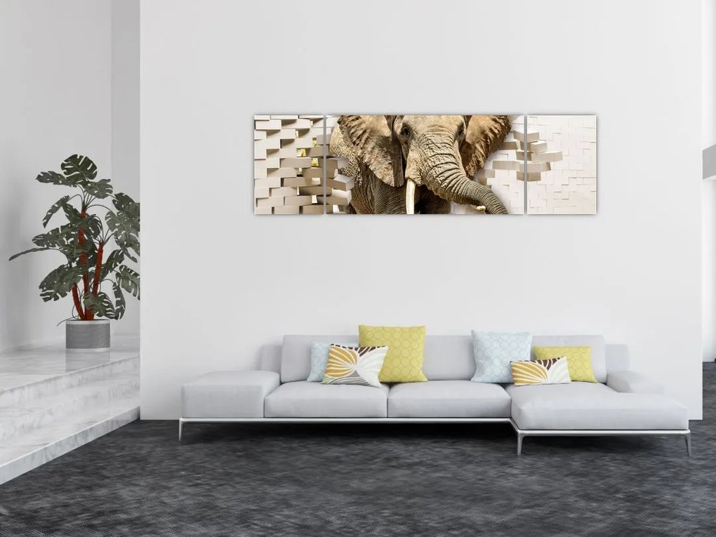 Obraz - słoń taranujący ścianę (170x50 cm)