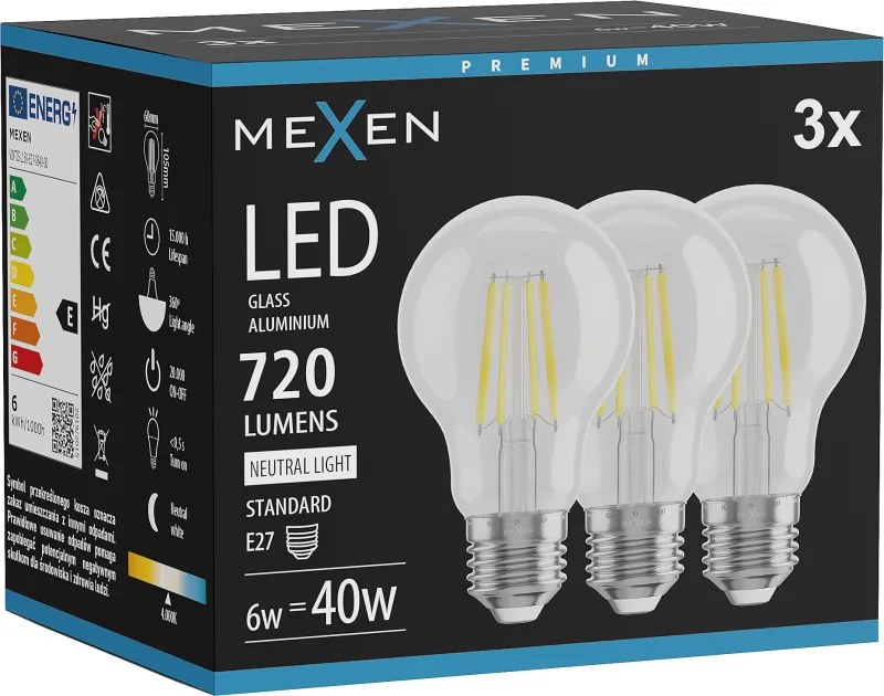 Mexen Vintis 3x żarówka filament LED E27, A60, 6W, Neutralna - 4000K, 720 lm, clear - L150-E27-0640-00x03