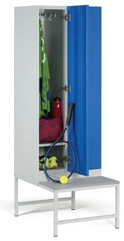 Szafka ubraniowa z ławką, 2-drzwiowa, 1875 x 600 x 500/800 mm, demontaż, zamek RFID, drzwi zielone