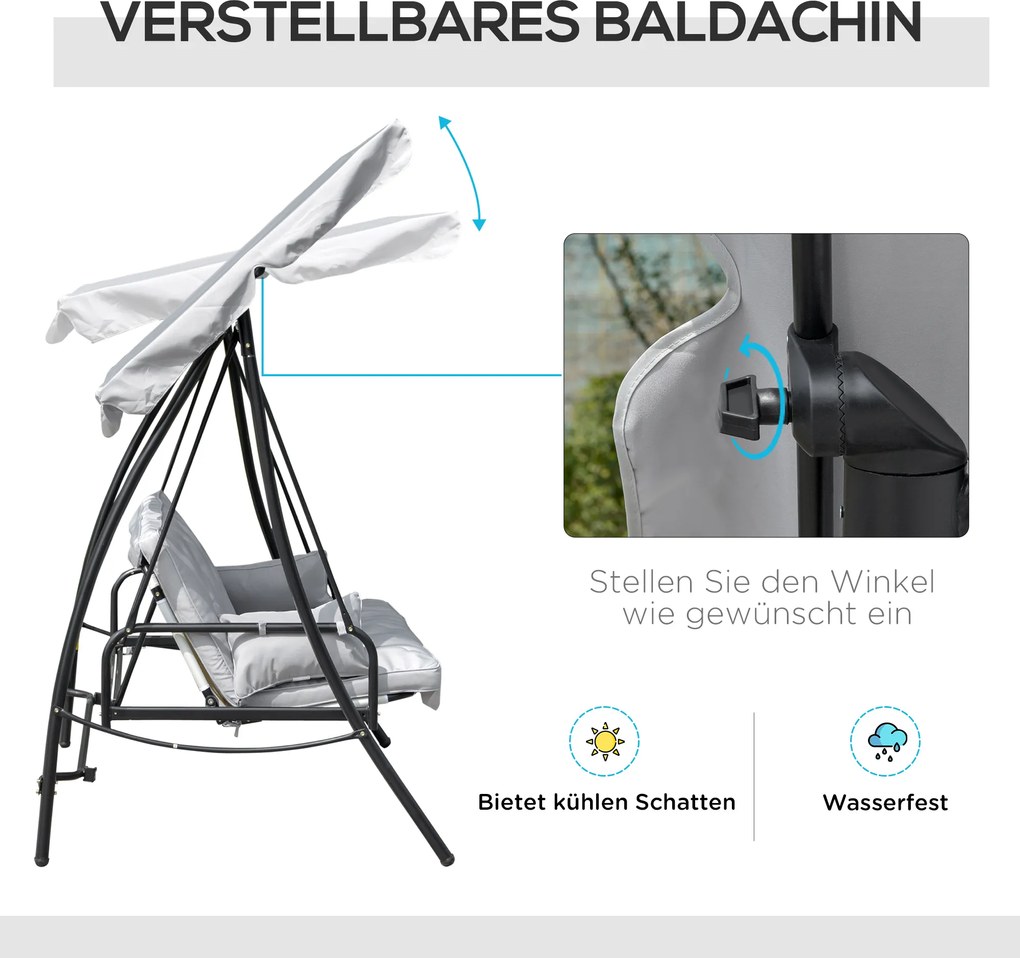 Outsunny huśtawka z dachem, huśtawka ogrodowa, Ławka bujana z funkcją leżenia, 3-osobowa, metal + poliester, biały, 209x114x170 cm