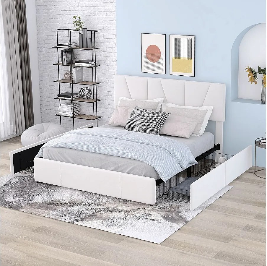 Łóżko z szufladami 140x200 cm - beżowy aksamit - łóżko młodzieżowe z regulowanym zagłówkiem - 4 szuflady - bez materaca