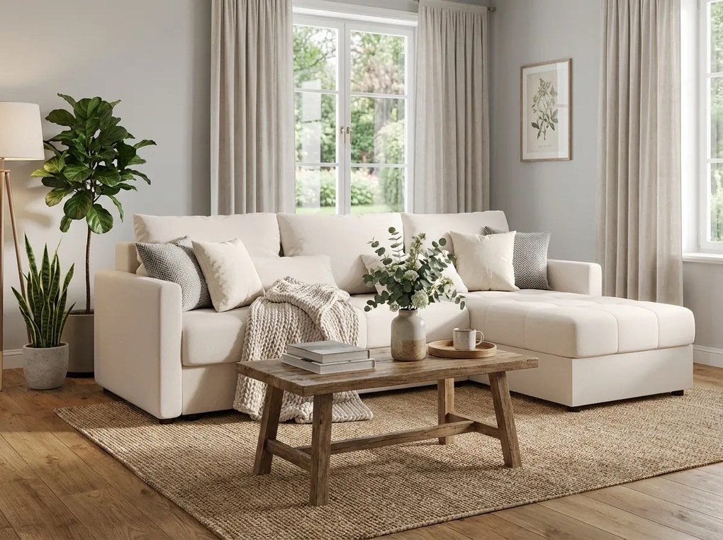 Rozkładany dwustronny narożnik L VENORIA 220x143 cm, kremowy + 2 poduszki GRATIS