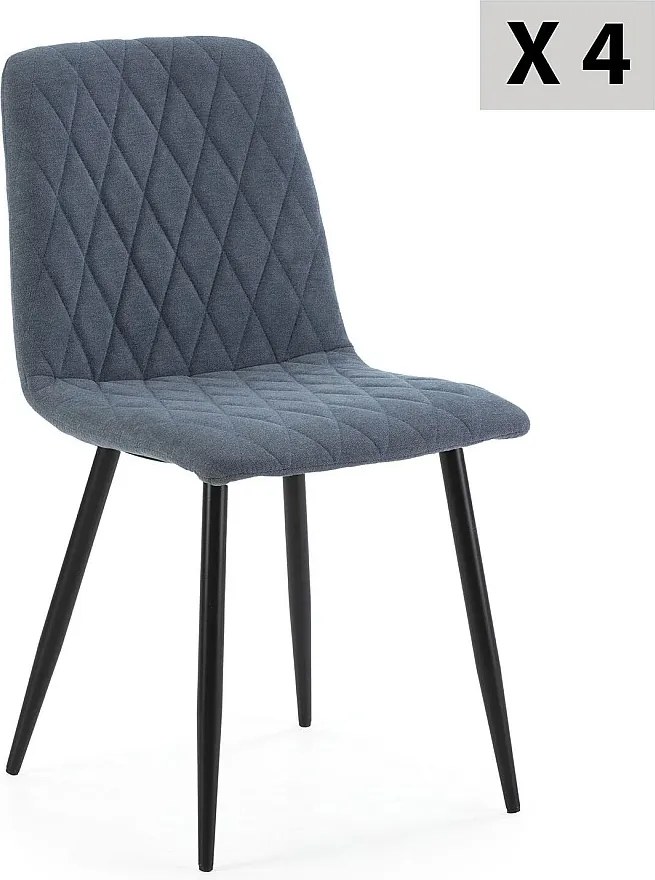 Zestaw 4 krzeseł Colummn Abril pokrytych niebieską tkaniną.