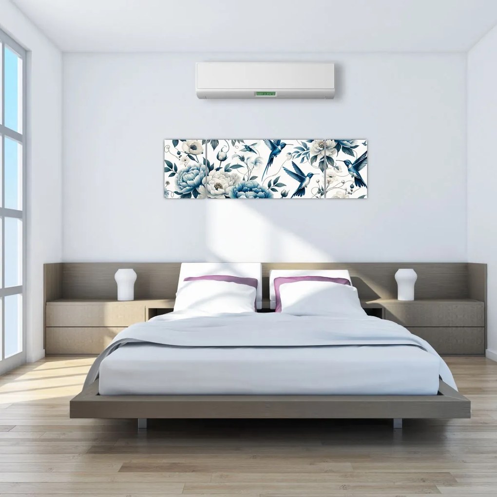 Obraz - Kolibry z kwiatami (170x50 cm)