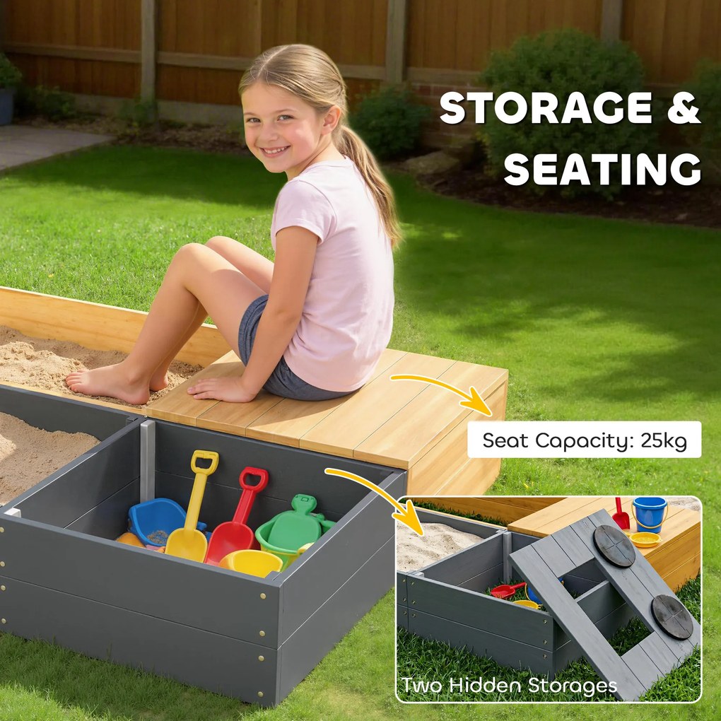 AIYAPLAY Piaskownica 2-częściowa 150x90 cm drewniana z siedziskiem, schowkiem, płytą grzewczą, wyjmowanym zlewozmywakiem i koralikami abakusa, żółta | Aosom PL