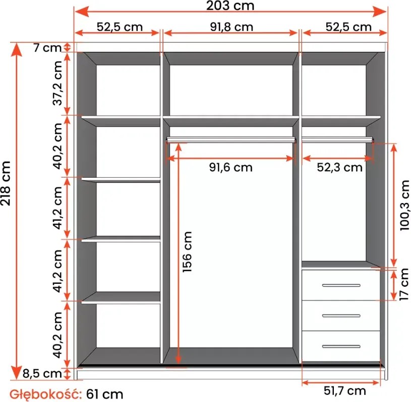 Szafa Lorina 203 cm – nowoczesna szafa przesuwna z lustrem w kolorze białym, elegancka i pojemna