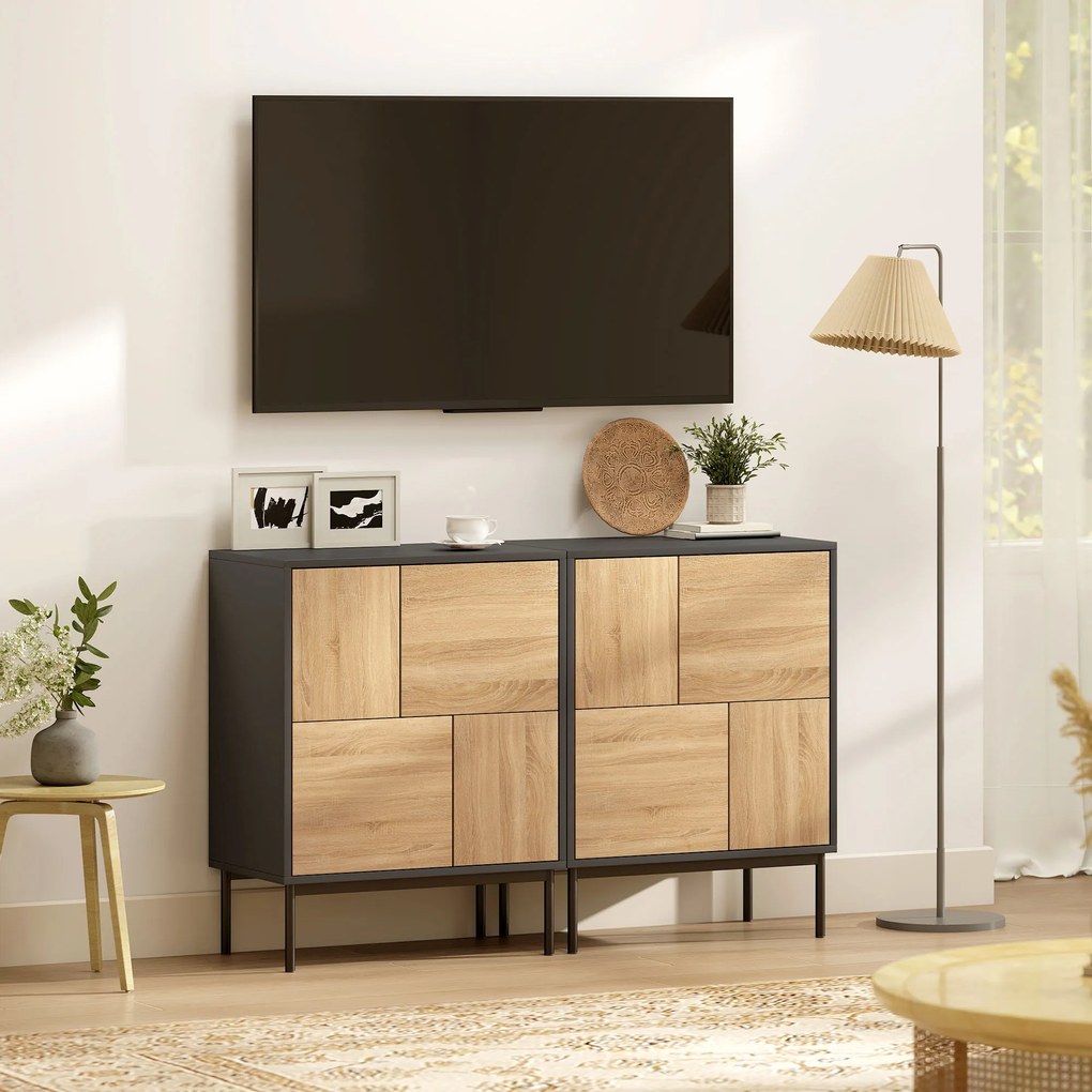 HOMCOM Sideboard z drzwiami push-to-open, szafka do jadalni na metalowych nogach, szafka kuchenna, MDF, Czarny+Naturalne drewno