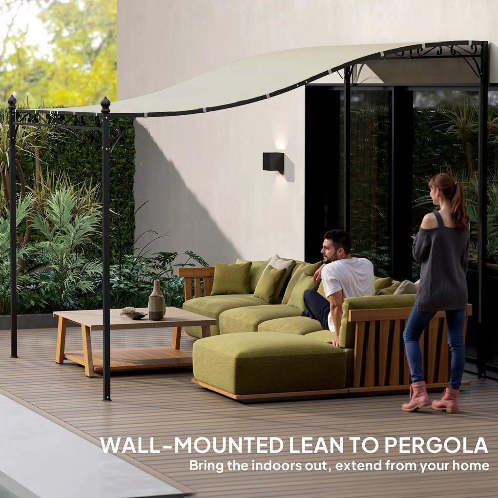 Outsunny Pergola 2,5 x 3 m, Pawilon Ogrodowy Montowany na Ścianie, Odporny na Wodę, Metalowy Stelaż, Otwory Odpływowe, Zadaszenie Przeciwcieniowe, Kremowy