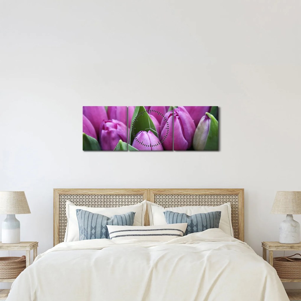Obraz - kwiaty tulipanów (z zegarem) (90x30 cm)