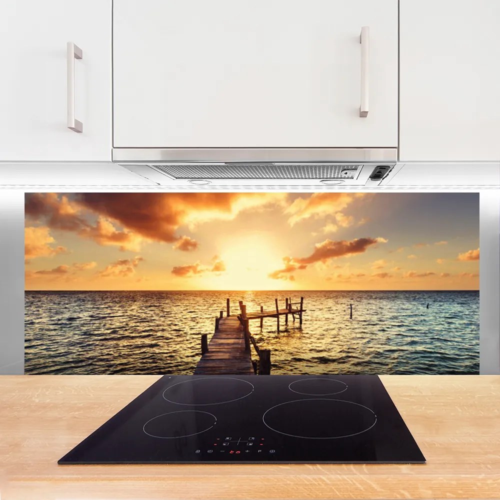 Szkło do Kuchni na Ścianę Drewniany Pomost o Zmierzchu