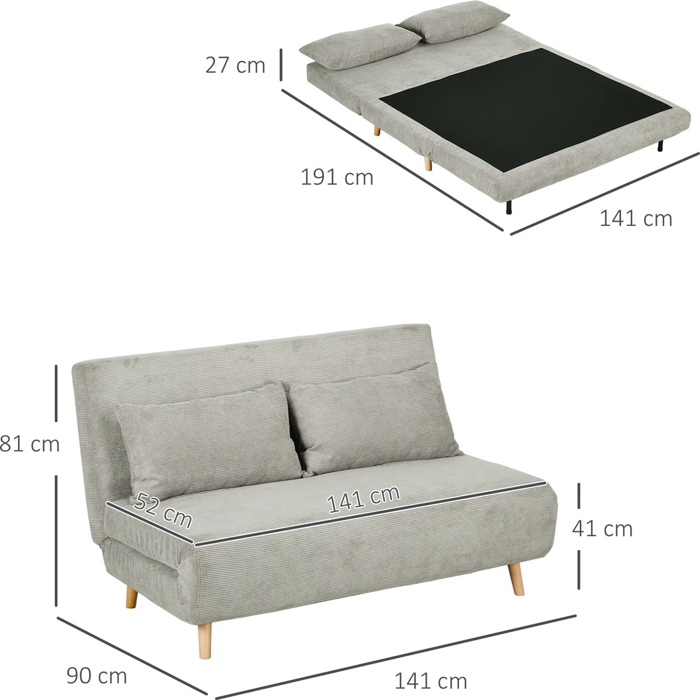 HOMCOM Sofa rozkładana łóżko dla gości z regulowanym oparciem do 120 kg szara 141x90x81 cm | Aosom PL