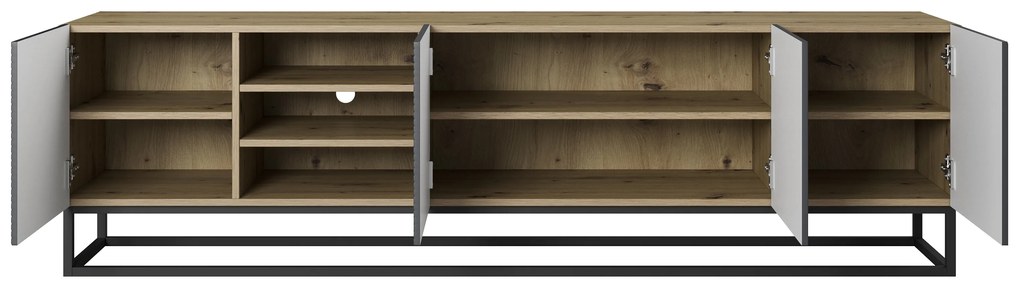 Szafka RTV Asha 200 cm z ryflowanym frontem i stelażem - artisan / rivier stone mat