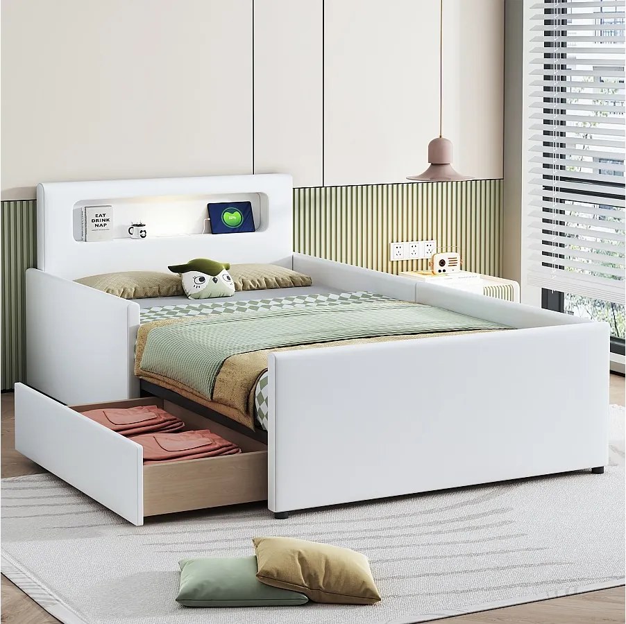Łóżko tapicerowane 90 x 200 cm z 1 szufladą, lampką nocną i portem USB - Skóra ekologiczna - Białe (bez materaca)