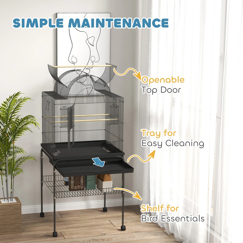 PawHut Mobilna klatka dla kanarków i falistych, z dolną półką, metalowa siatka, Czarna