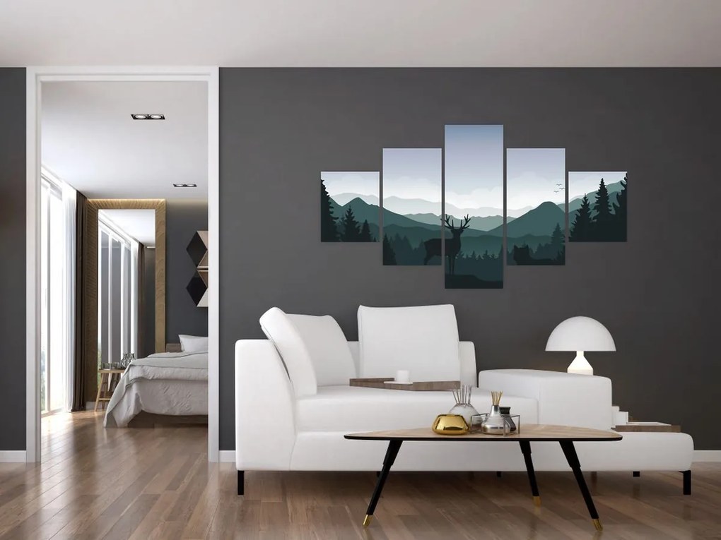 Obraz - Jeleń z wilkiem w skałach (125x70 cm)