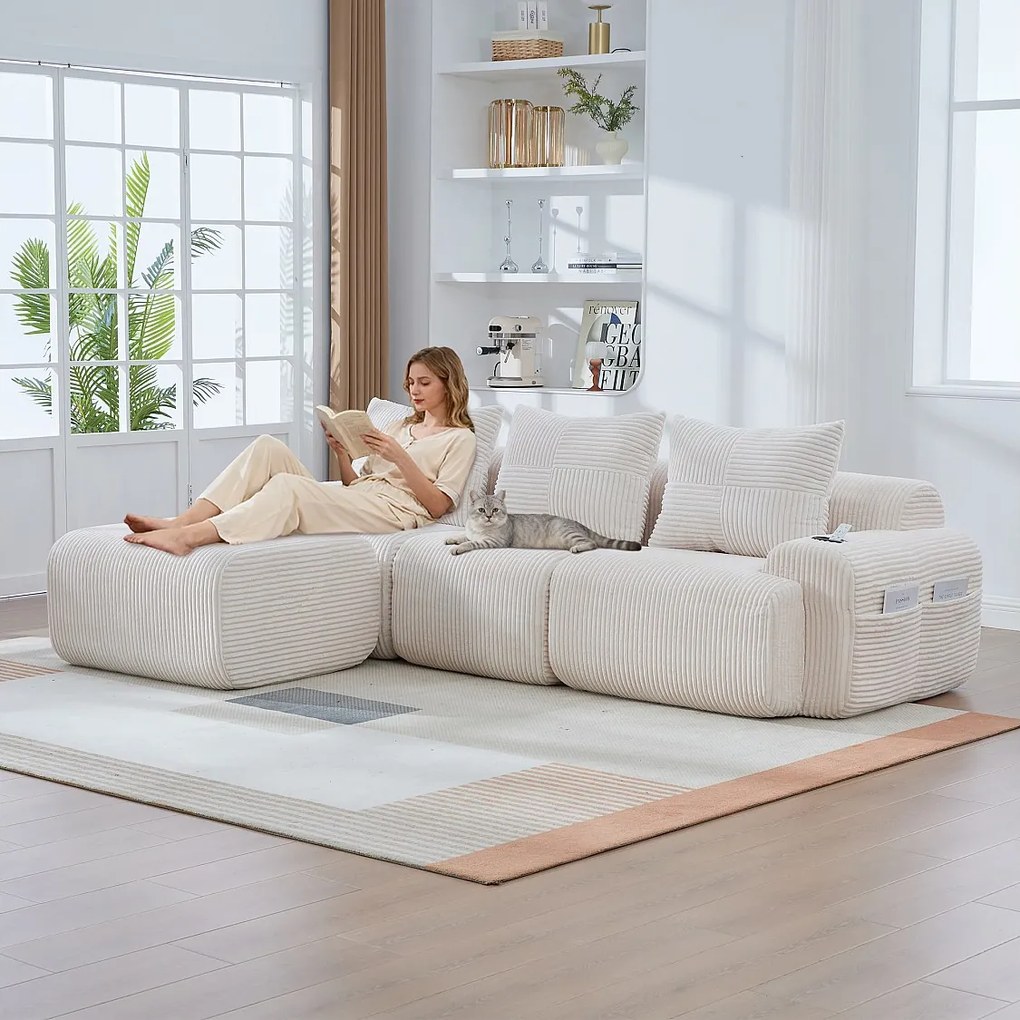 Sofa modułowa 3-osobowa - 268 x 174 x 80 cm - z 1 pufem + uchwytem na kubek + kieszenią do przechowywania - aksamitna - beżowa