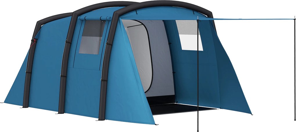 Outsunny Nadmuchiwany Namiot Kempingowy 3-6 Osób Namiot Tunelowy na Zewnątrz z Bocznymi Oknami, Drzwiami, Pompowanymi Belkami, 4,4 x 2,8 x 1,95 m, Niebieski