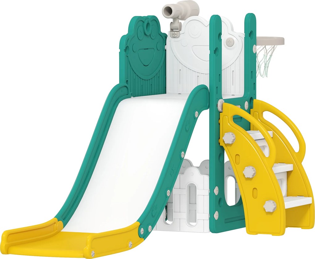 AIYAPLAY Zestaw zjeżdżalni dla dzieci 5 w 1, teleskop, kosz do koszykówki, plastik, Żółty+Zielony