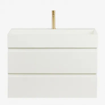 Zestaw Wiszących Mebli Łazienkowych Z Drewna I Forniru Jesionowego Zintegrowany Z Umywalką Ona Biała & - Sklum