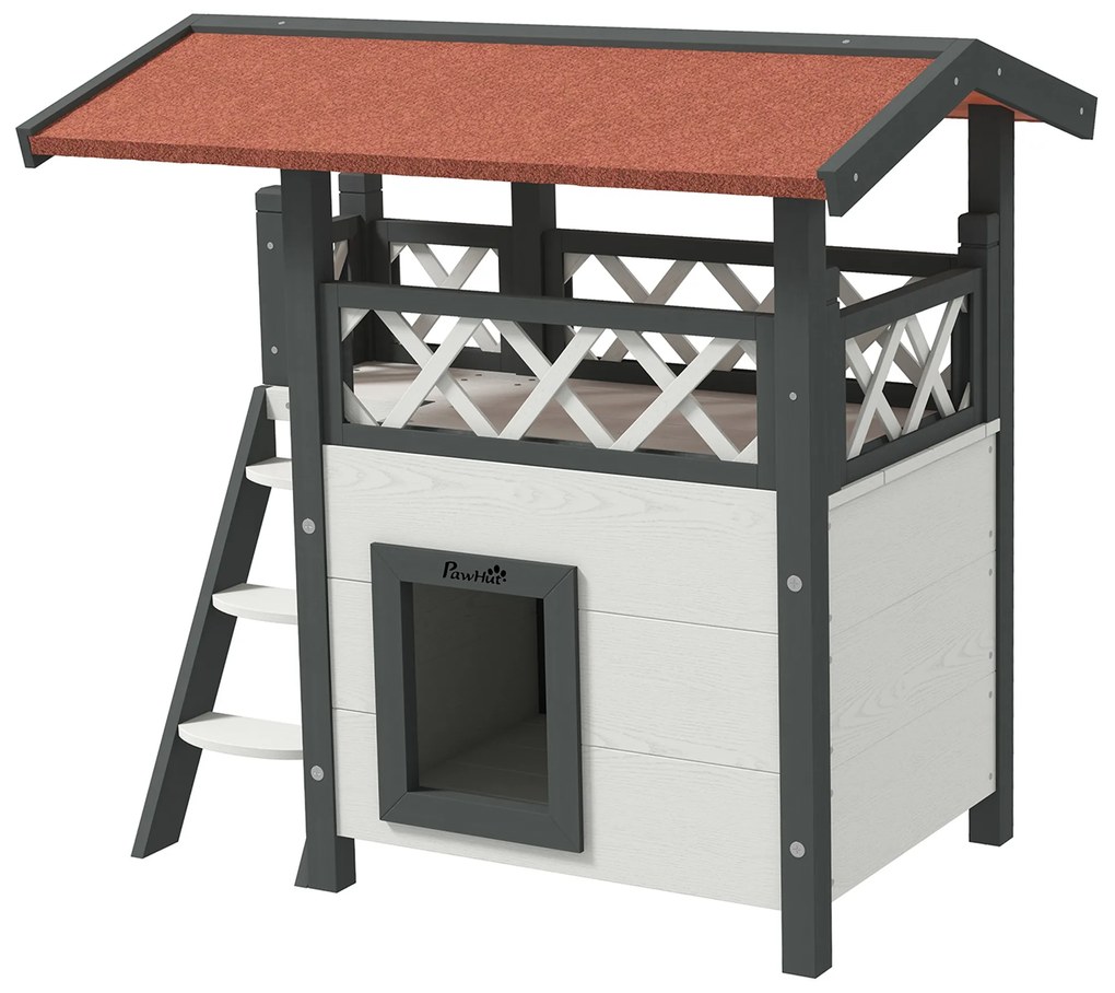 PawHut Domek dla kotów, Chatka dla zwierząt, Dach asfaltowy, 2 Poziomy, 1 Schodek, Biało-Czerwony
