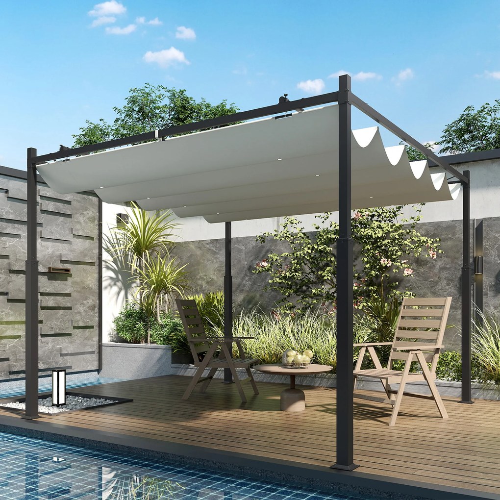 Outsunny Pergola Ogrodowa, 3 x 3 m, Rozsuwany Dach i Magnetyczna Podkładka, Baldachim Zewnętrzny, Pawilon Ogrodowy, UPF30+, Metal, Kremowobiały