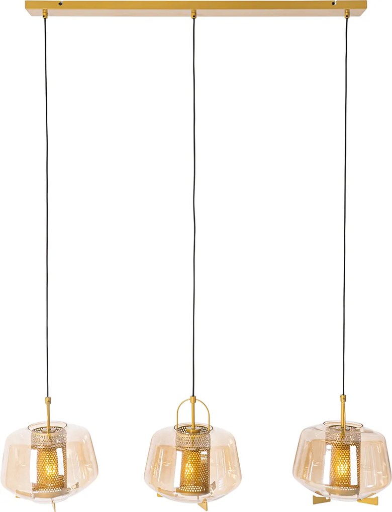 Lampa wisząca złota z bursztynowym szkłem 30 cm owalna 3-światłowa - Kevin