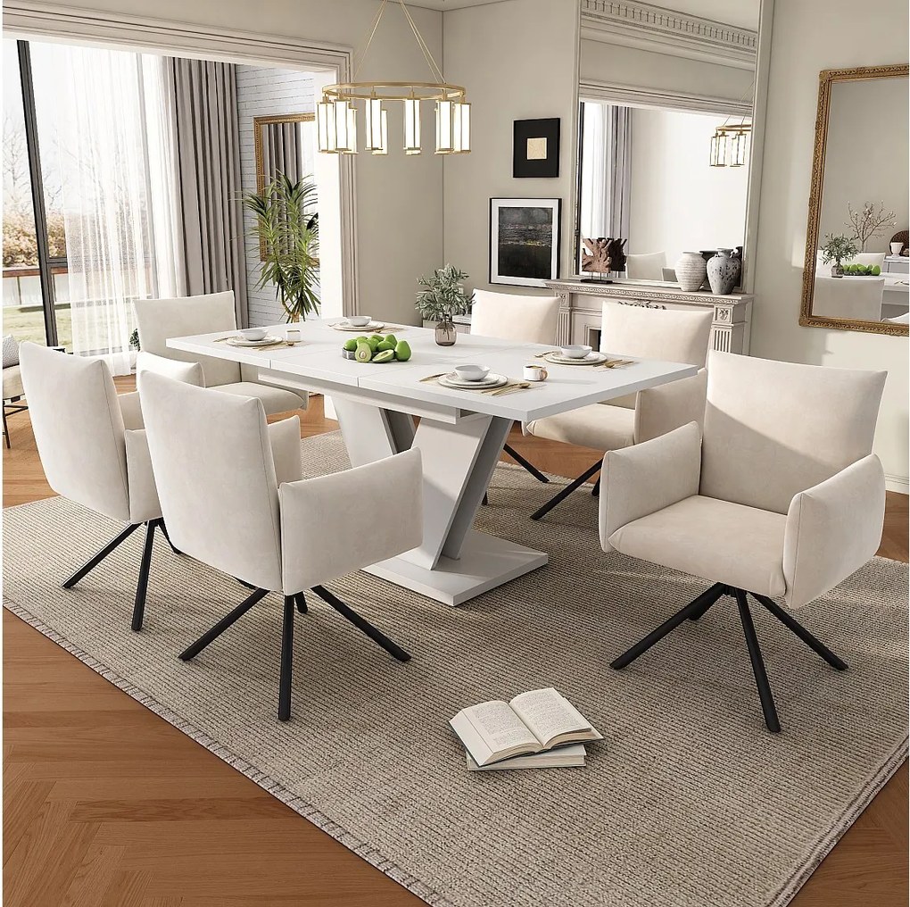 Rozkładany stół jadalny i 6 krzeseł - 120/160 * 80 x 75,5 cm - krzesło lniane - MDF - biały