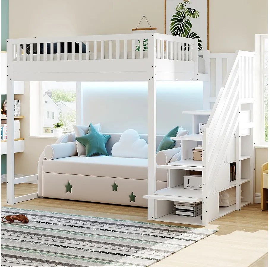 Łóżko piętrowe dla dzieci - 140 x 200 cm - z drabinką + barierką zabezpieczającą + diodami LED - drewno - białe