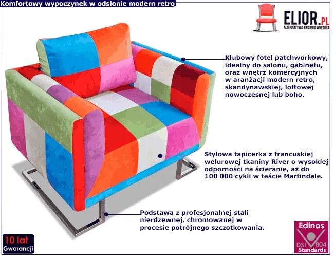 Klubowy fotel patchwork z chromowaną podstawą Hima