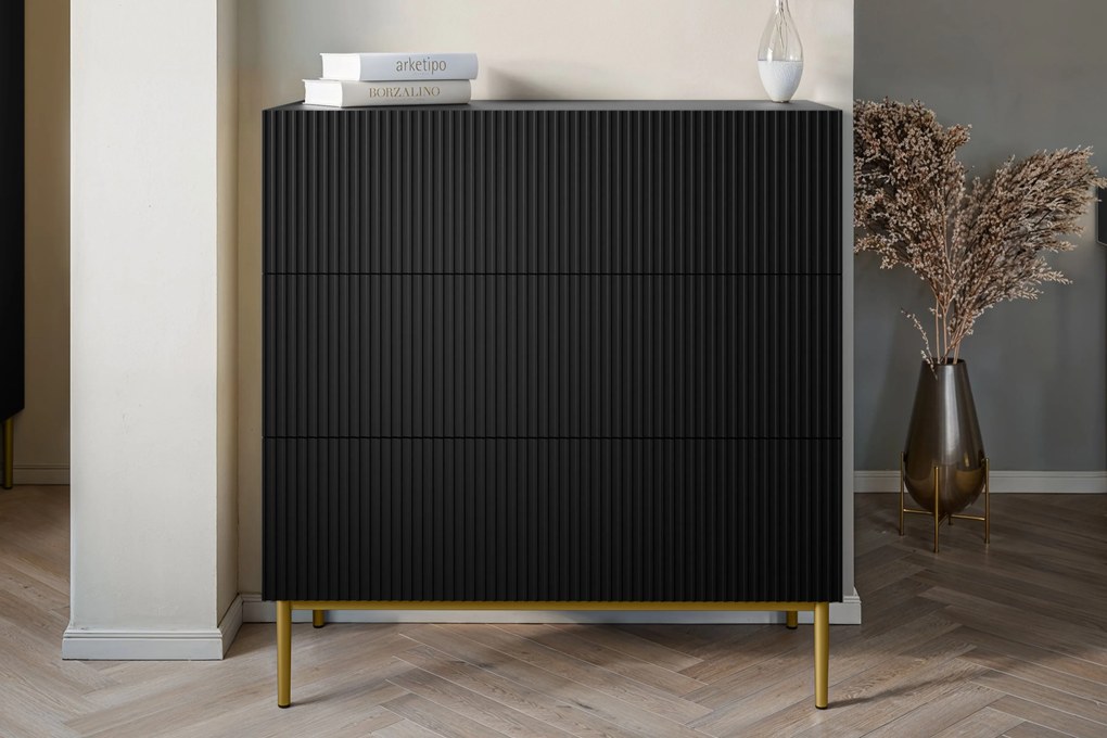 Komoda z szufladami Nicole 100 cm - czarny mat / złote nóżki