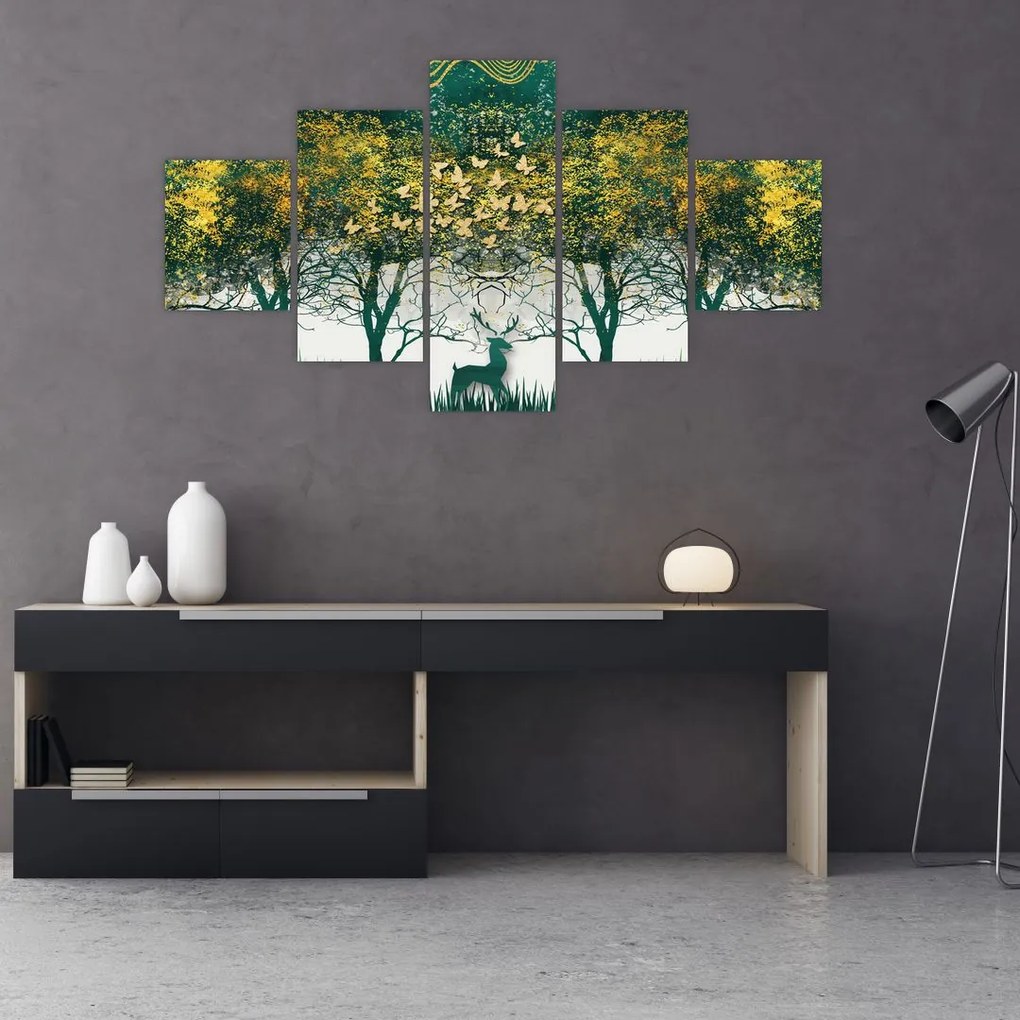 Obraz - Jelenie w zielonym lesie (125x70 cm)