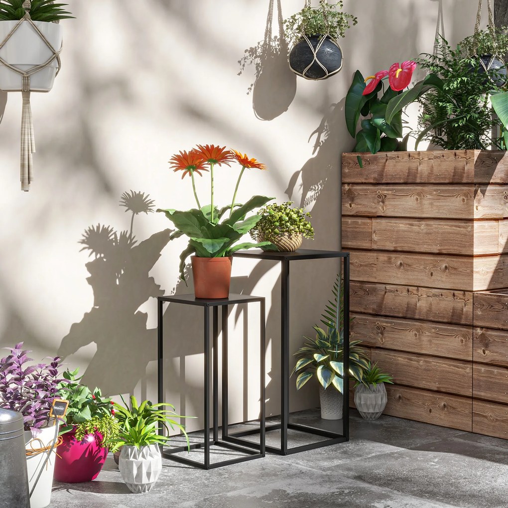 Outsunny Stojaki na Kwiaty, Zestaw 2, Skandynawski Design, Metalowy Stelaż, Wysokości 58,5/65cm, Czarne