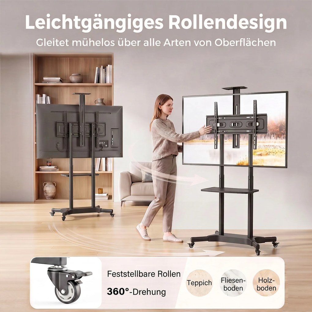 HOMCOM Stojak TV na kółkach do telewizorów 81,3–190,5 cm Regulowany stojak TV z 2 półkami, metal, max. VESA 400x600mm | Aosom PL