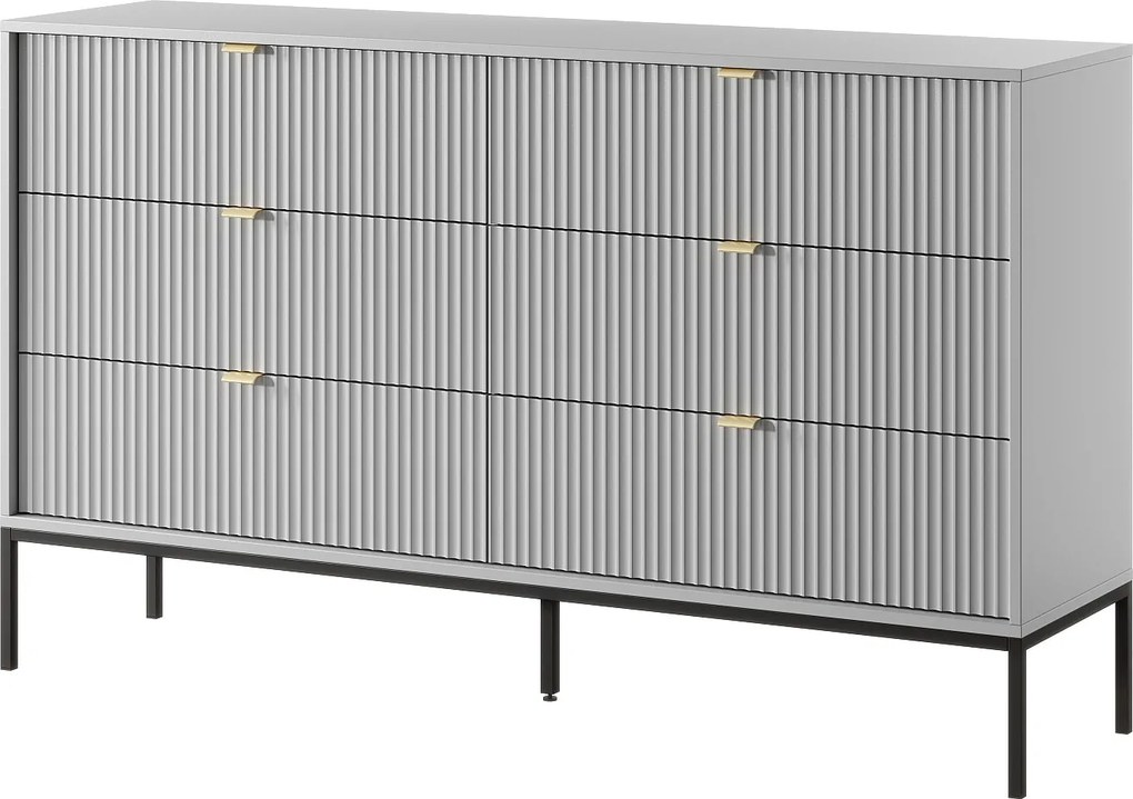 Komoda: 6 szuflad, kolor szary, nogi czarne, 154 x 39 x 83 cm, uchwyty złote