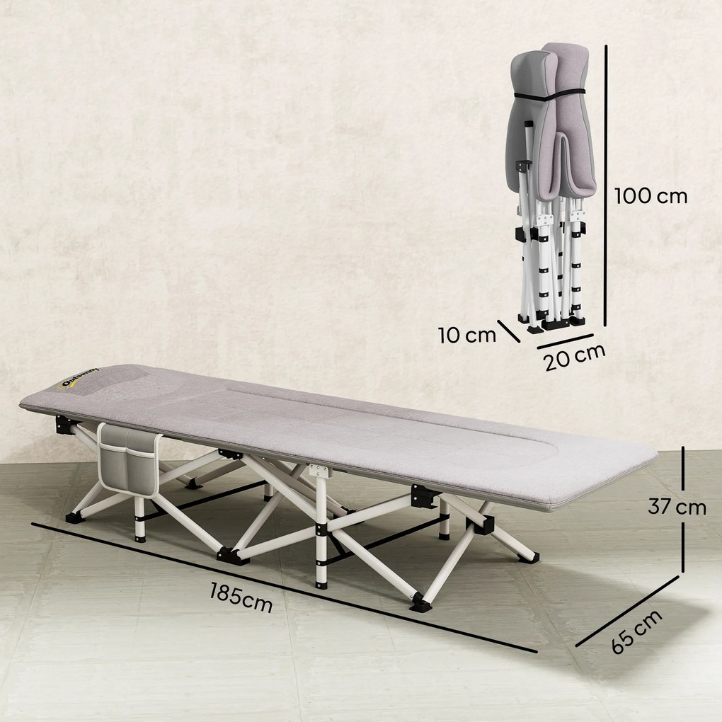 Outsunny Leżanka Polowa, Łóżko Kempingowe, składane, miękkie, do 200 kg, stal nierdzewna, 200x65x42cm, Szary