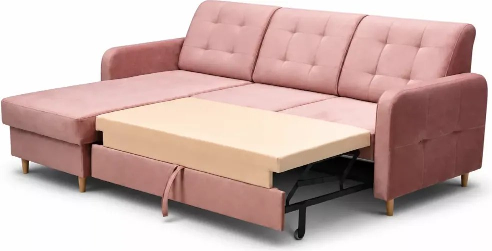 Stylowy tapicerowany narożnik Pink z funkcją spania i pojemnikiem na pościel