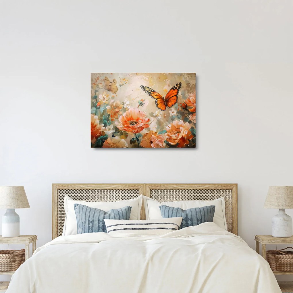 Obraz na szkle - Motyl i kwiaty, obraz olejny (70x50 cm)