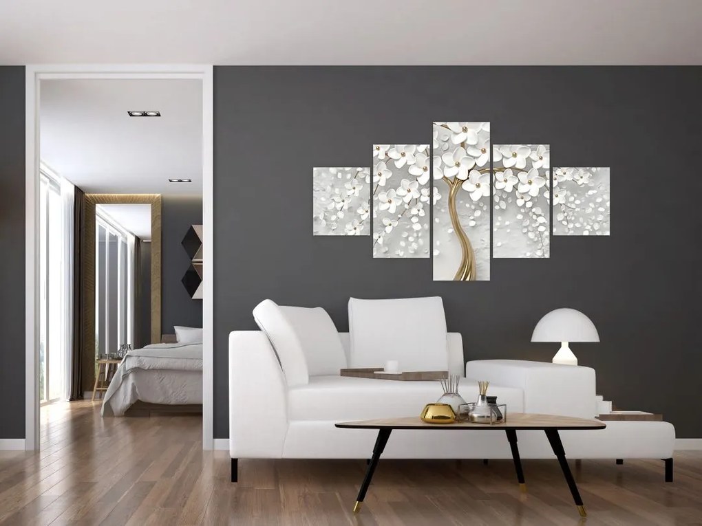 Obraz białego drzewa z kwiatami (125x70 cm)